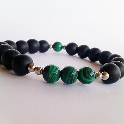 Black Onyx Mala Beads Bracelet, Malachite..