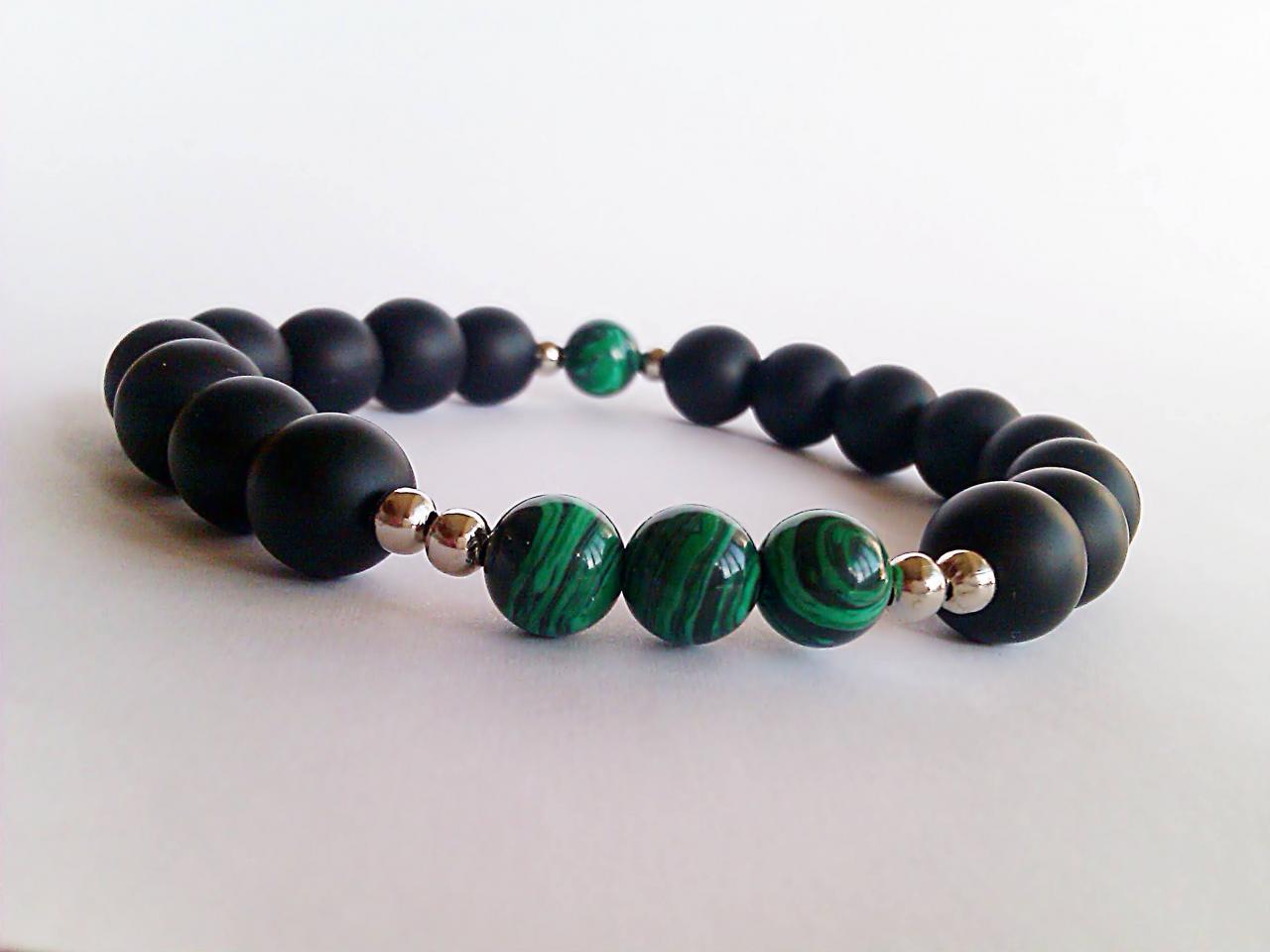 Black Onyx Mala Beads Bracelet, Malachite Bracelet, Green Black Stone Bracelet, Spiritual Bracelet, Chakra Bracelet, Protection Bracelet