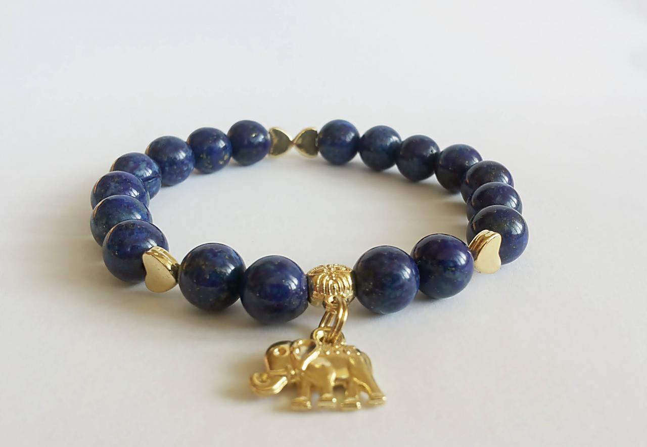 Blue Lapis Bracelet, Stress Relief, Reiki Infused, Lapis Lazuli Bracelet,protection Bracelet,healing Stone Bracelet, Elephant Charm Bracelet